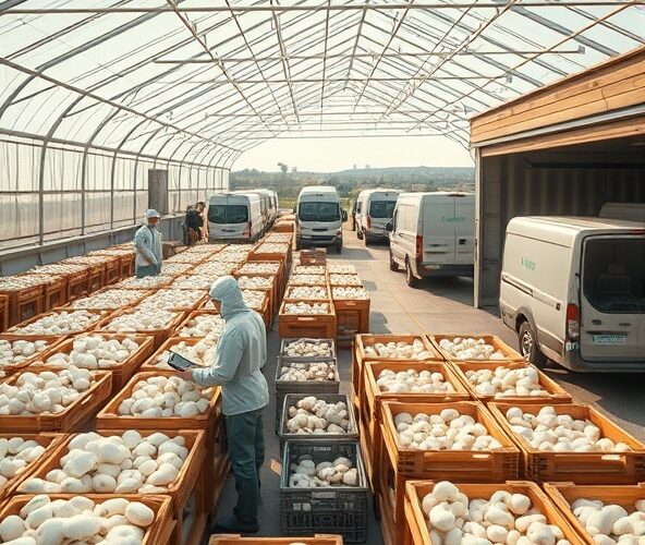 Który producent pieczarek z Łódzkiego oferuje elastyczne dostawy dla sklepów?